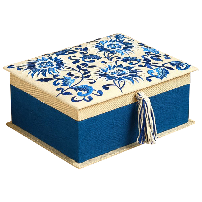 Шкатулка с вышивкой Blue Flowers Beads Embroidery Box Бежевый Синий Голубой в Казани | Loft Concept 