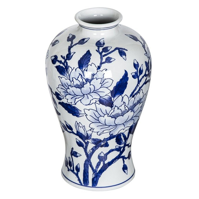 Ваза с бело-синей росписью и изображением цветов Blue & White Ornament Белый Синий Ваза с бело-синей росписью и изображением цветов Blue & White Ornament Белый Синий в Казани | Loft Concept