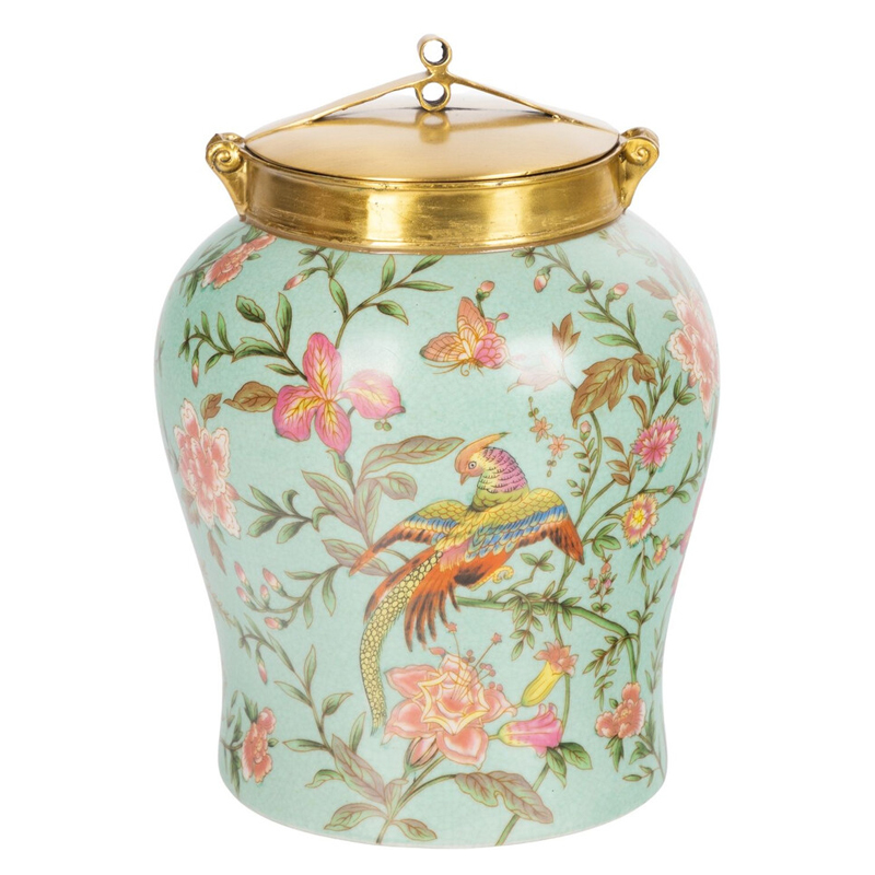 Ваза округлой формы из фарфора с рисунком и бронзовой крышкой Turquoise Blooming Garden Мульти Бронза Бирюзовый Ваза округлой формы из фарфора с рисунком и бронзовой крышкой Turquoise Blooming Garden Мульти Бронза Бирюзовый в Казани | Loft Concept