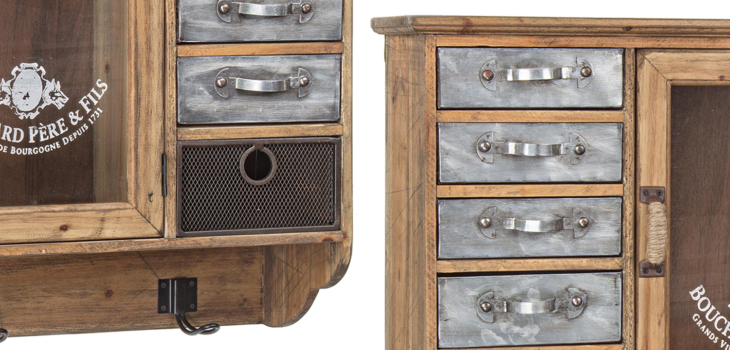 Полка в винтажном стиле с витриной и металлическими выдвижными ящиками Vintage Wood Shelf - фото