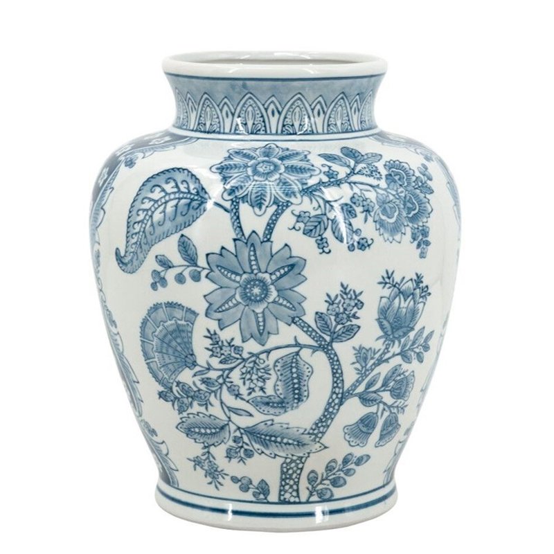 Ваза округлой формы белого цвета с синим растительным узором Blue & White Ornament Белый Синий Ваза округлой формы белого цвета с синим растительным узором Blue & White Ornament Белый Синий в Казани | Loft Concept