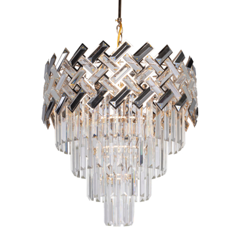 Люстра многоярусная с переплетенными металлическими элементами черного и золотого цвета и прозрачными хрустальными подвесками Empire Chandelier Crystal Золотой Прозрачный Черный в Казани | Loft Concept 