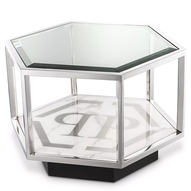 Приставной стол Philipp Plein Side Table Falcon View Chrome Хром Белый Мрамор Bianco Серый Черный Прозрачное Стекло в Казани | Loft Concept 