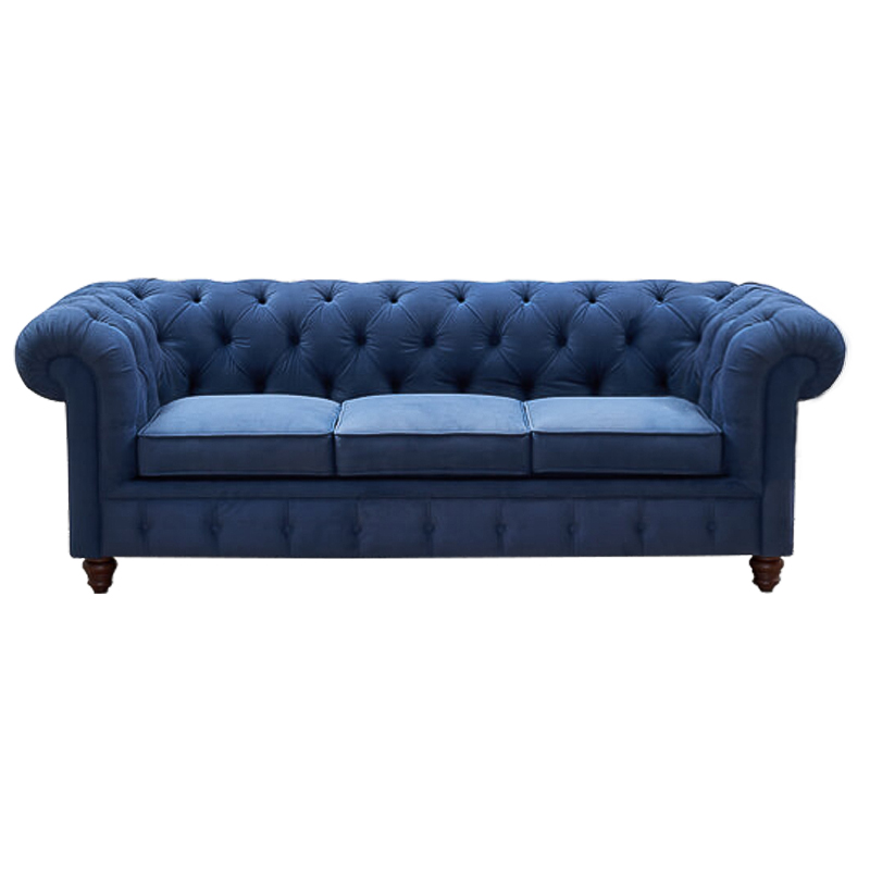 Диван Mini Kensington Sofa triple blue velor Сапфирово-синий Коричневый в Казани | Loft Concept 