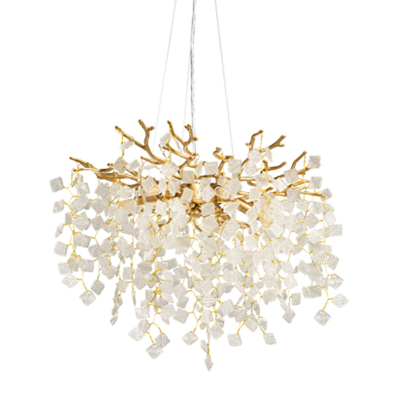 Люстра подвесная золотого цвета с декоративными ветвями и прозрачными рельефными подвесками FAIRYTREE Light Золотой Прозрачный в Казани | Loft Concept 