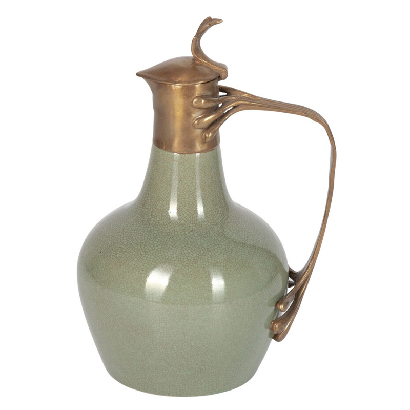 Кувшин зеленого цвета из фарфора с бронзовой крышкой и изогнутой ручкой Eden Garden porcelain and bronze Зеленый Бронза в Казани | Loft Concept 