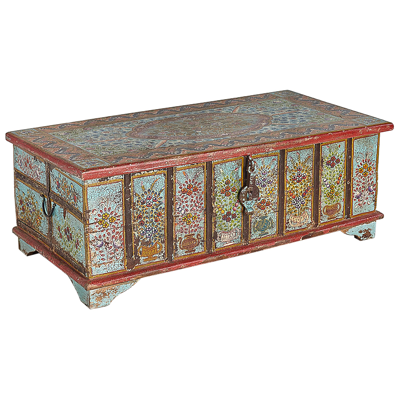 Сундук ручная роспись Pran Antique Indian Painted Chest Мульти Бирюзовый Красный в Казани | Loft Concept 