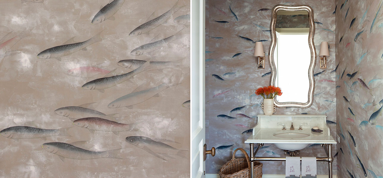 Обои ручная роспись Fishes Blue Pearl on Lead Grey dyed silk with antiquing - фото