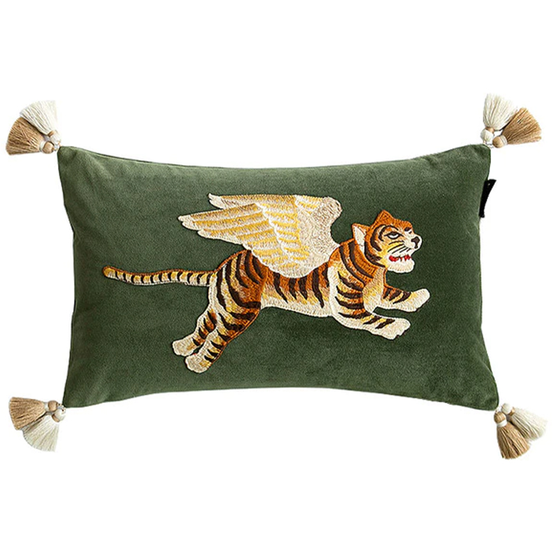 Декоративная подушка с вышивкой Стиль Gucci Winged Tiger Cushion Зеленый Оранжевый Золотой в Казани | Loft Concept 