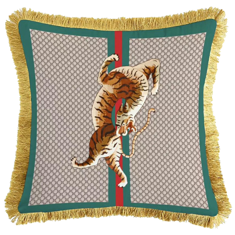 Декоративная подушка Cтиль Gucci Tiger Серый Зеленый Оранжевый Золотой в Казани | Loft Concept 