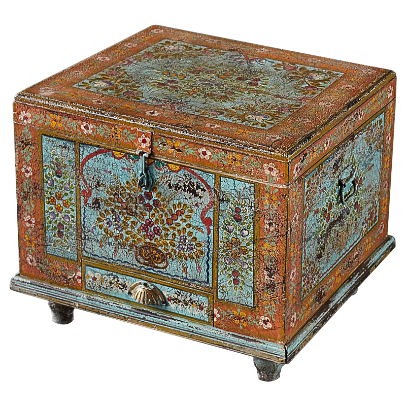 Сундук ручная роспись Harsh Antique Indian Painted Chest Мульти Бирюзовый Оранжевый в Казани | Loft Concept 