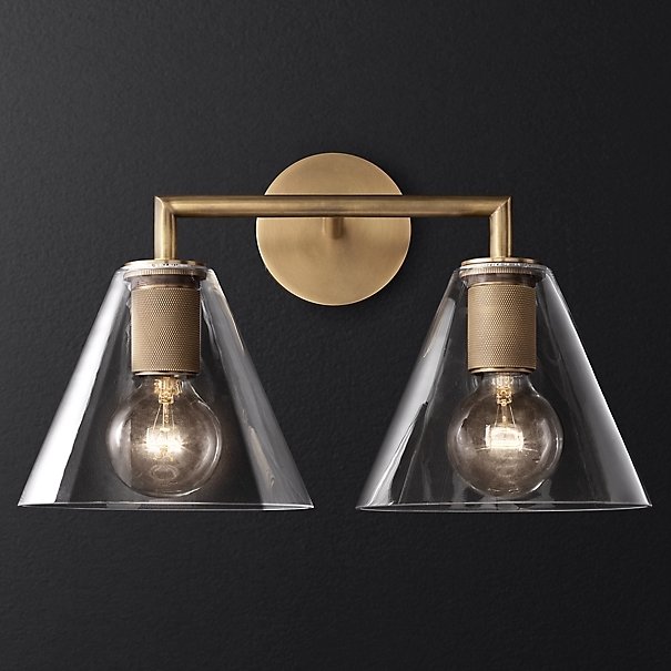 Бра RH Utilitaire Funnel Shade Double Sconce Brass Прозрачное Стекло Латунь в Казани | Loft Concept 