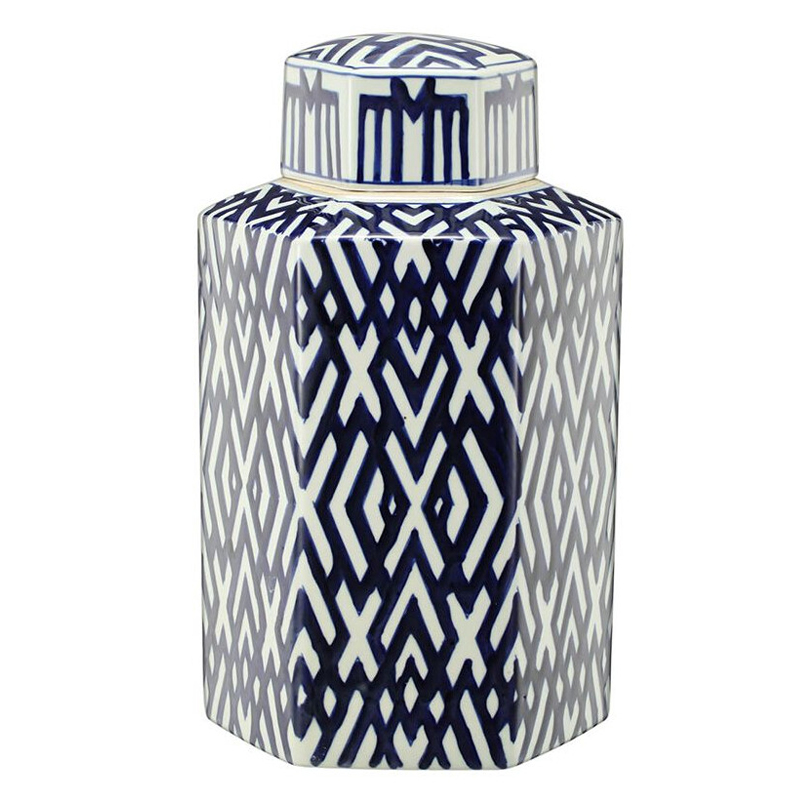 Ваза с крышкой и графическим узором в сине-белых цветах Blue & White Ornament Белый Синий Ваза с крышкой и графическим узором в сине-белых цветах Blue & White Ornament Белый Синий в Казани | Loft Concept