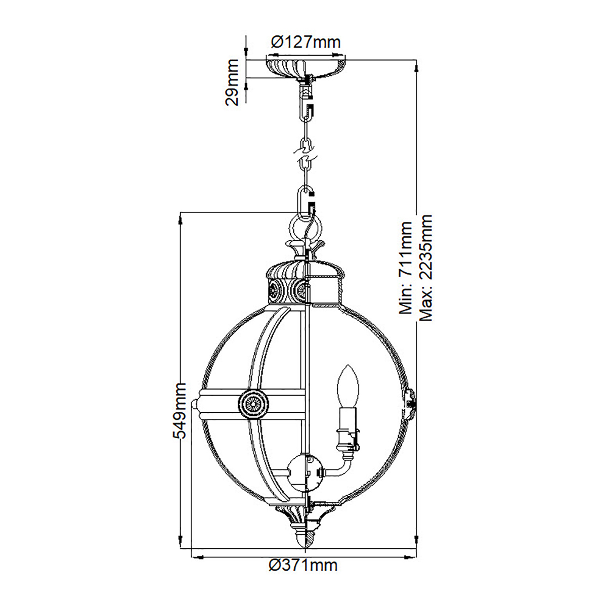 Подвесной светильник с прозрачным стеклянным плафоном в форме шара цвета никеля в индустриальном стиле на цепи 3 лампы Feiss в Казани