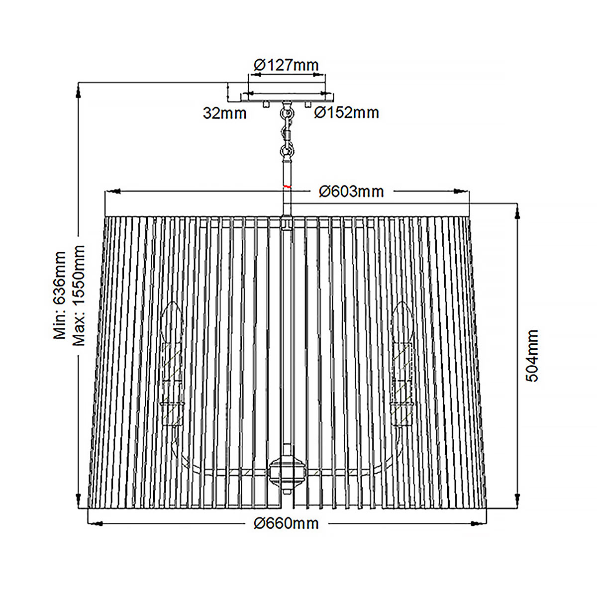 Люстра цвета латунь с 6-ю лампами свечами внутри цилиндрического абажура из черных металлических реек Kichler в Казани