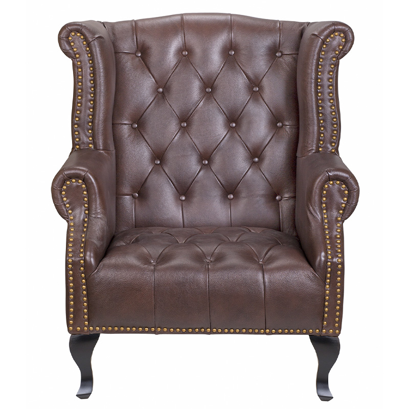 Кресло из натуральной кожи на 4-х деревянных ножках из массива бука Thomas Armchair brown Коричневый Черный в Казани | Loft Concept 