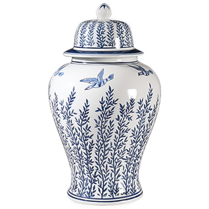 Ваза с крышкой Oriental Blue & White Flying Birds Vase Белый Синий в Казани | Loft Concept 