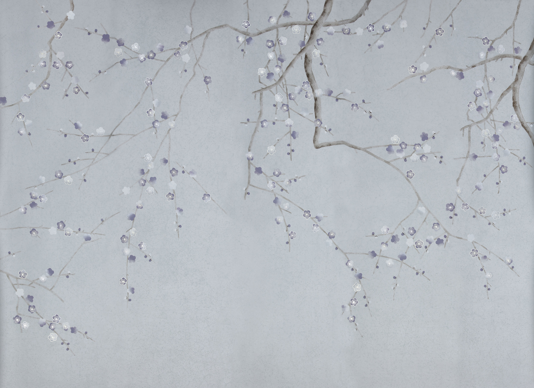 Обои ручная роспись Plum Blossom Special Colourway on Crackled Silver metallic silk Обои ручная роспись Plum Blossom Special Colourway on Crackled Silver metallic silk - постер Loft-Concept в Казани