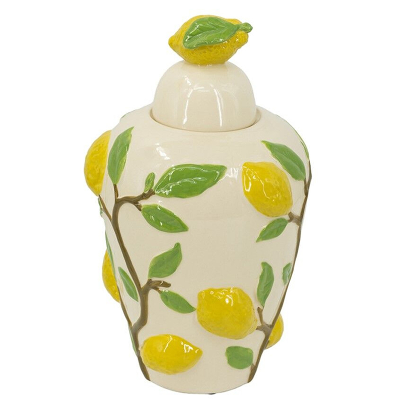Ваза с крышкой кремового цвета и объемным рисунком лимонов и листьев Lemon Delight Кремовый Желтый Коричневый Зеленый Ваза с крышкой кремового цвета и объемным рисунком лимонов и листьев Lemon Delight Кремовый Желтый Коричневый Зеленый в Казани | Loft Concept