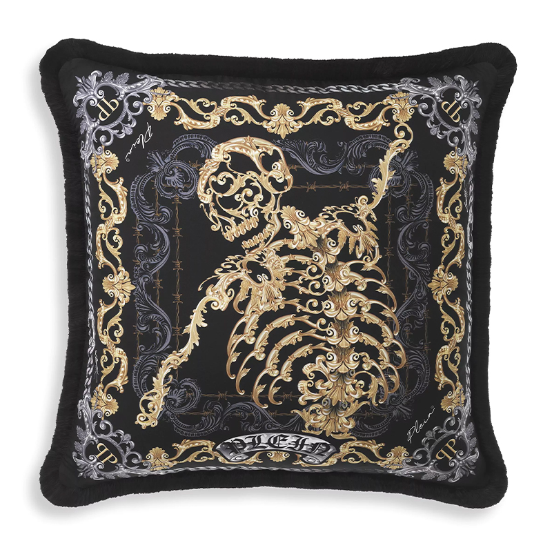 Подушка Philipp Plein Cushion Silk Skeleton 50 x 50 cm Черный Серый Золотой в Казани | Loft Concept 