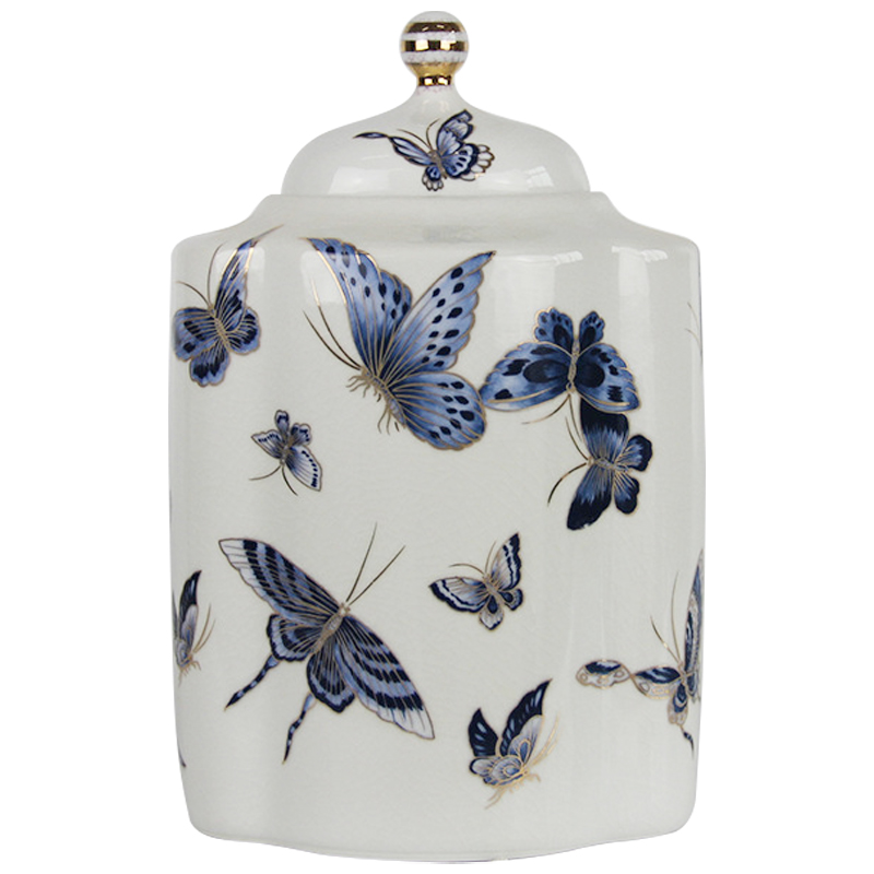 Ваза с крышкой Porcelain Butterfly Blue and Gold Vase Белый Синий Золотой в Казани | Loft Concept 