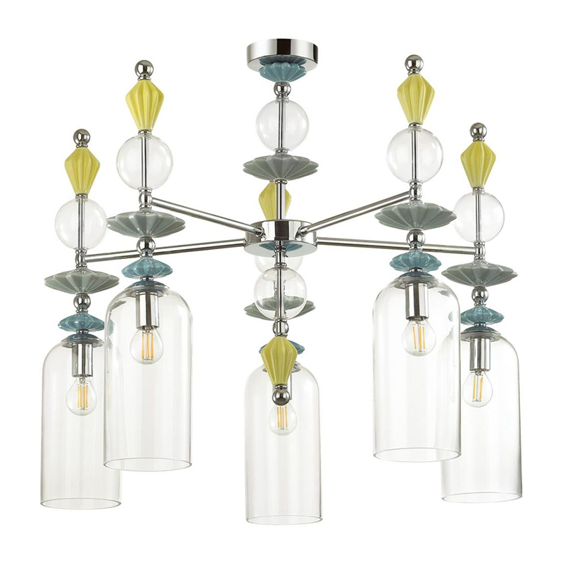 Люстра Iris Glass Chandelier candy 5 chrome Прозрачное Стекло Прозрачный зеленый Желтый Хром в Казани | Loft Concept 