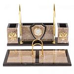 Настольный письменный набор из бежевого мрамора с часами и гербом Marble Accessory варинант исполнения - 1 | Loft Concept в Казани