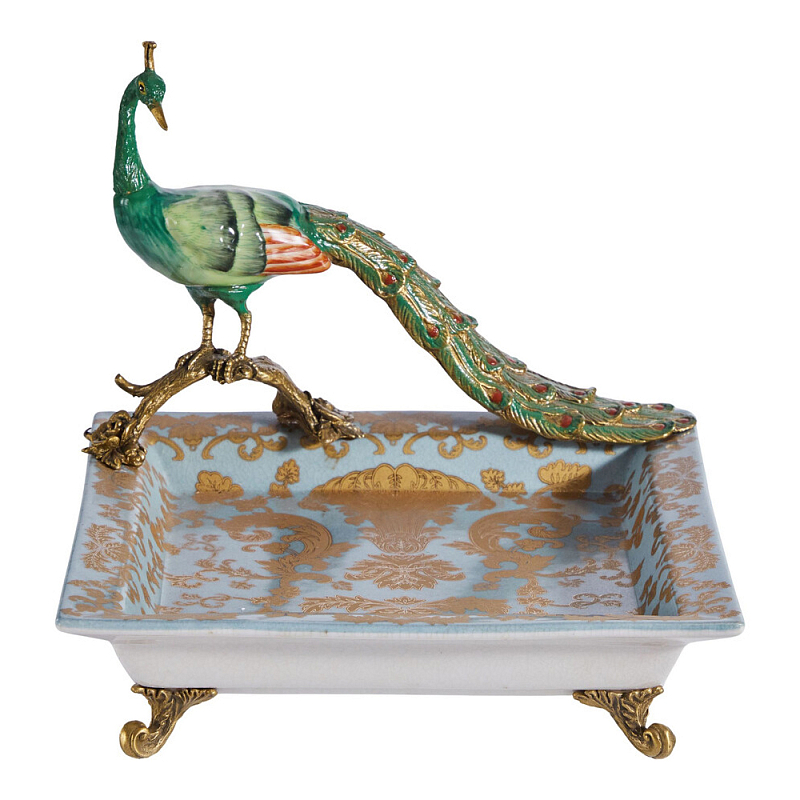 Блюдо квадратное с павлином на бронзовых ножках Eden Garden Голубой Бронза Мульти в Казани | Loft Concept 