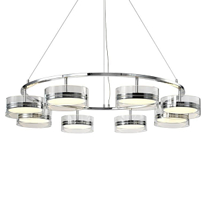 Люстра светодиодная с 8-ю прозрачными плафонами цилиндрической формы из акрила и стекла с пультом для регулировки света Glass Lamp Chromium