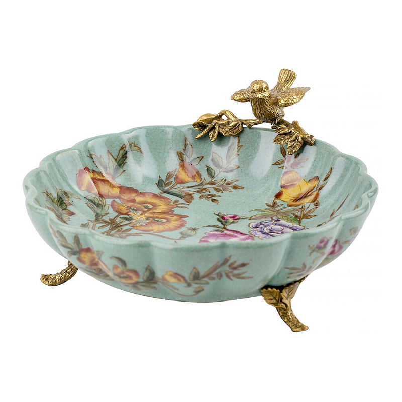 Блюдо из голубого фарфора с бронзовой птичкой Blue Garden Голубой Бронза Мульти в Казани | Loft Concept 