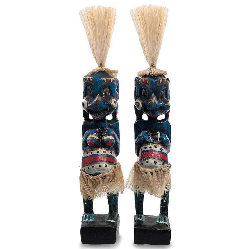 Комплект из 2-х деревянных статуэток Asmat Straw Headdress Statuettes Blue Colorful Tattoo Синий Черный Бежевый Красный Бирюзовый Мульти в Казани | Loft Concept 