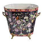 Кашпо из фарфора черная с цветочной росписью и бронзовой стрекозой Spring Garden варинант исполнения - 1 | Loft Concept в Казани