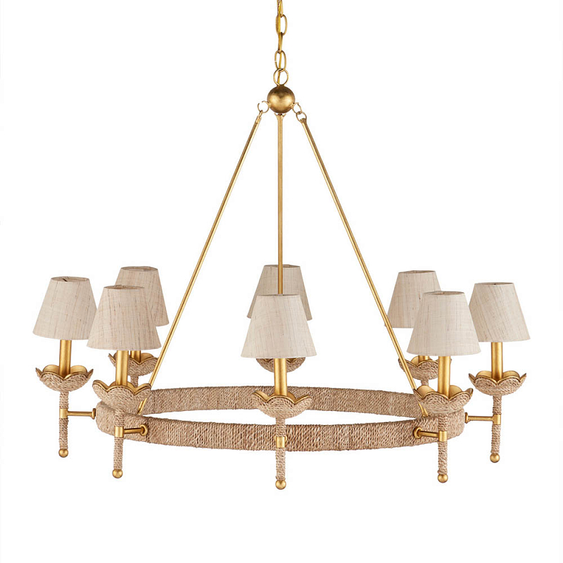 Люстра из кованого железа с отделкой плетеной веревкой и сусальным золотом Parisian Style Золотой Бежевый в Казани | Loft Concept 