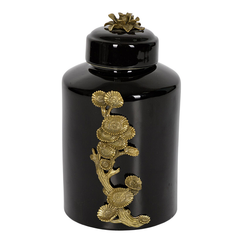 Банка с крышкой из фарфора с бронзовым цветочным элементом Eden Garden Черный Бронза в Казани | Loft Concept 