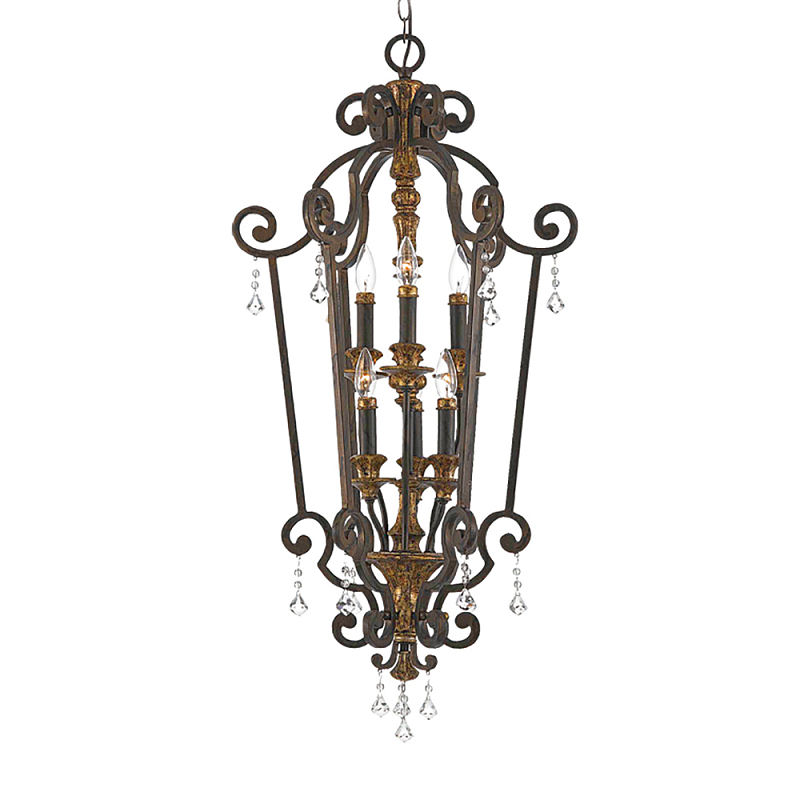 Люстра бронзового цвета с 6-ю лампами и стеклянными подвесками в классическом стиле Quoizel Бронза Прозрачное Стекло Золотой в Казани | Loft Concept 