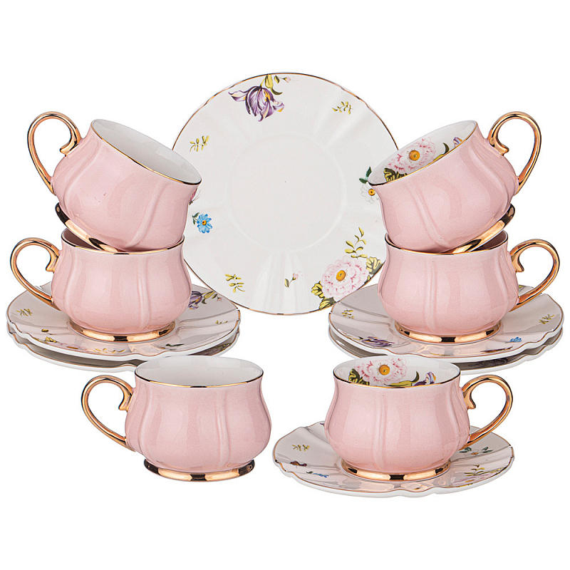 Чайный набор из фарфора на 6 персон 12 предметов Tea Porcelain Set Белый Золотой Розовый в Казани | Loft Concept 