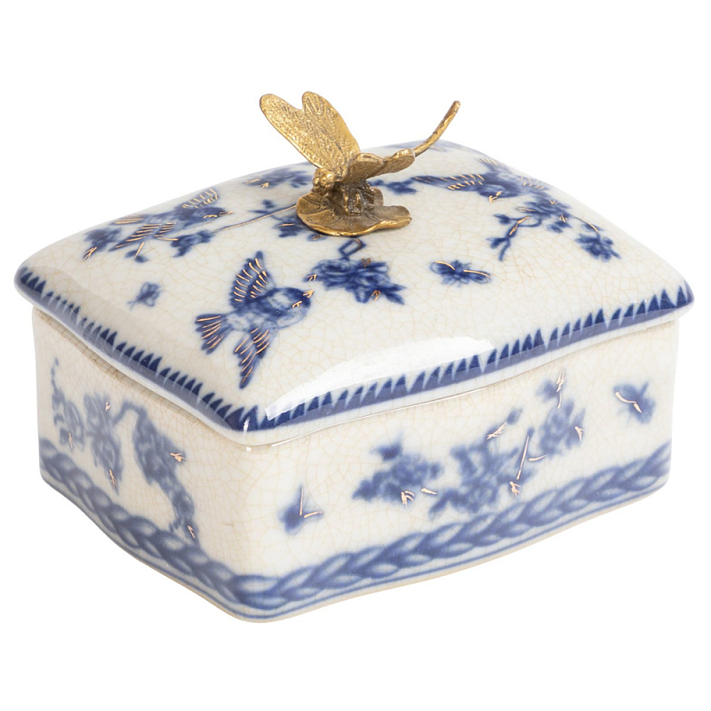 Фарфоровая шкатулка с бронзовой стрекозой Blue and White Синий Бронза Белый в Казани | Loft Concept 