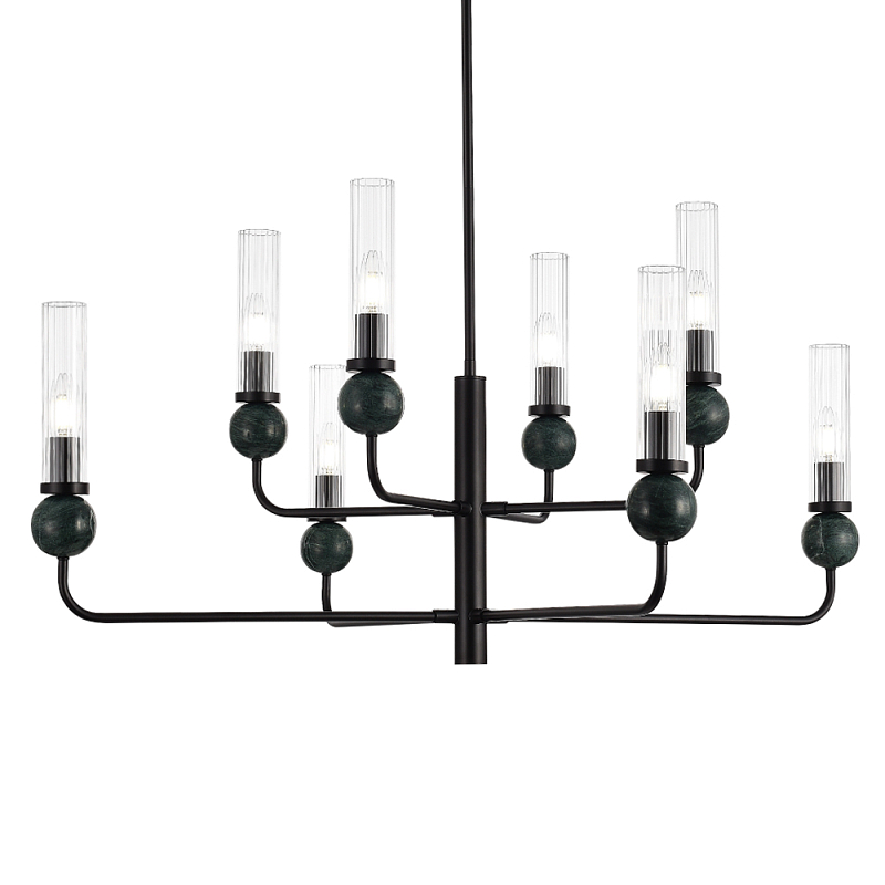 Люстра с 8-ю плафонами в форме стеклянных трубок и мраморных декоративных элементов Montreal Белый Черный Прозрачный Латунь в Казани | Loft Concept 