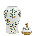 Ваза белая с крышкой с рисунком зеленых и золотых листьев 40 см Chinoiserie Ceramics варинант исполнения - 2 | Loft Concept в Казани