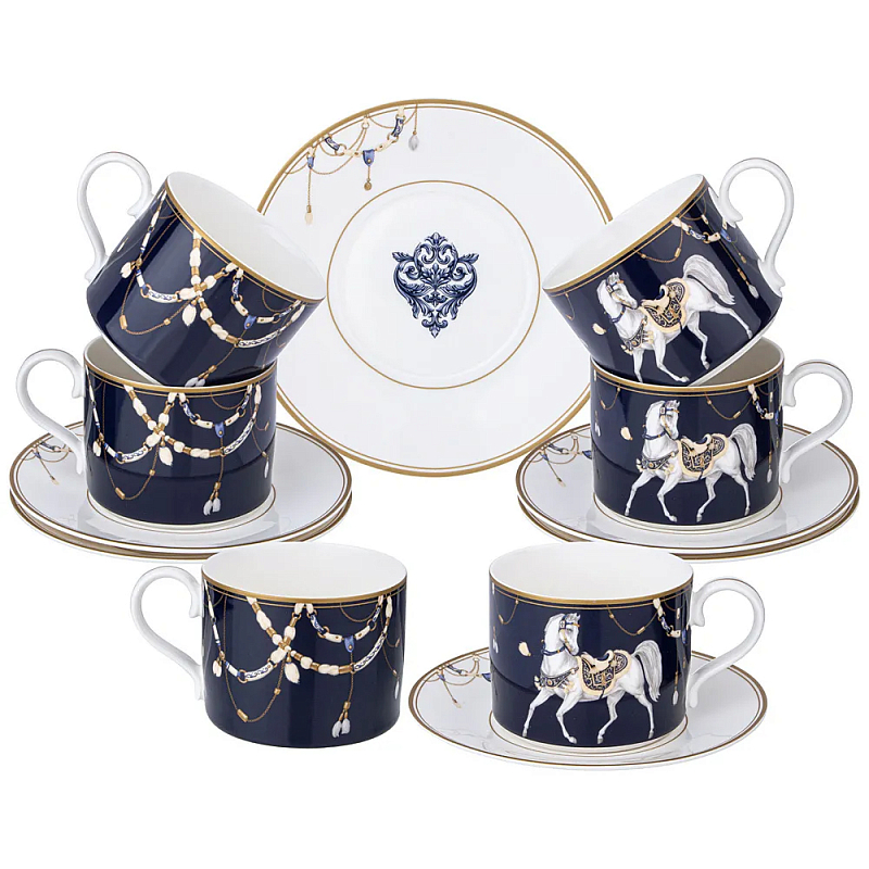 Чайный набор из фарфора с изображением лошадей на 6 персон 12 предметов Porcelain Horse Set Белый Синий в Казани | Loft Concept 