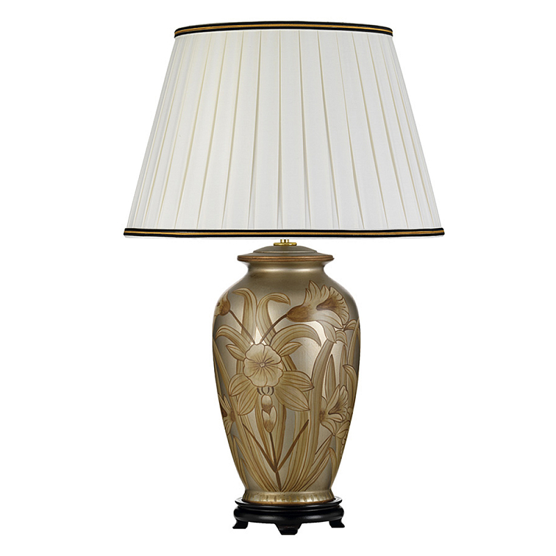 Настольная лампа восточная с основанием из керамики серебряная с цветочным и лиственным декором и белым плиссированным абажуром Elstead Lighting Серебряный Бежевый Черный Золотой в Казани | Loft Concept 