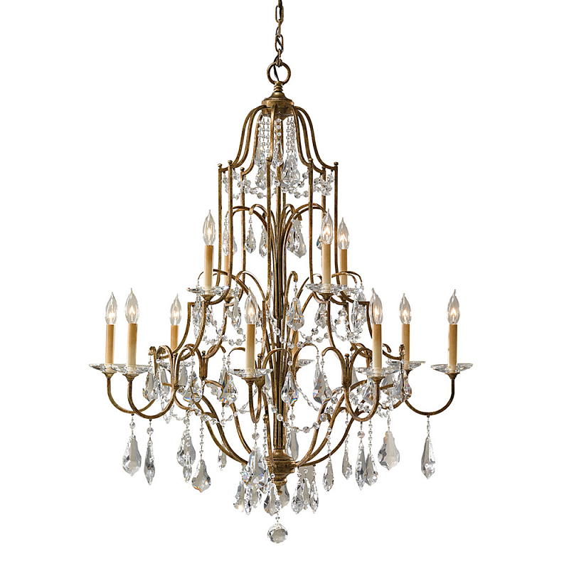 Люстра многоярусная с 12-ю лампами и стеклянными подвесками в классическом стиле Feiss Бронза Прозрачное Стекло в Казани | Loft Concept 
