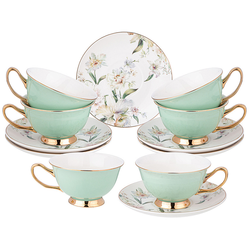 Чайный набор из фарфора на 6 персон Tea Porcelain Set Белый Золотой Зеленый в Казани | Loft Concept 