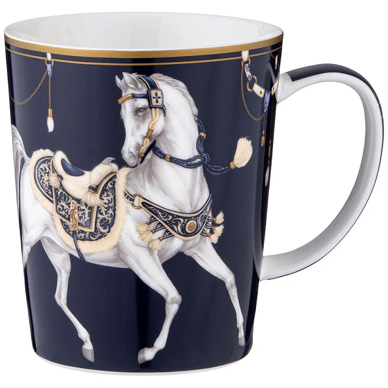 Кружка из фарфора синяя с изображением лошади 400 мл Porcelain Horse Set Белый Синий Золотой в Казани | Loft Concept 