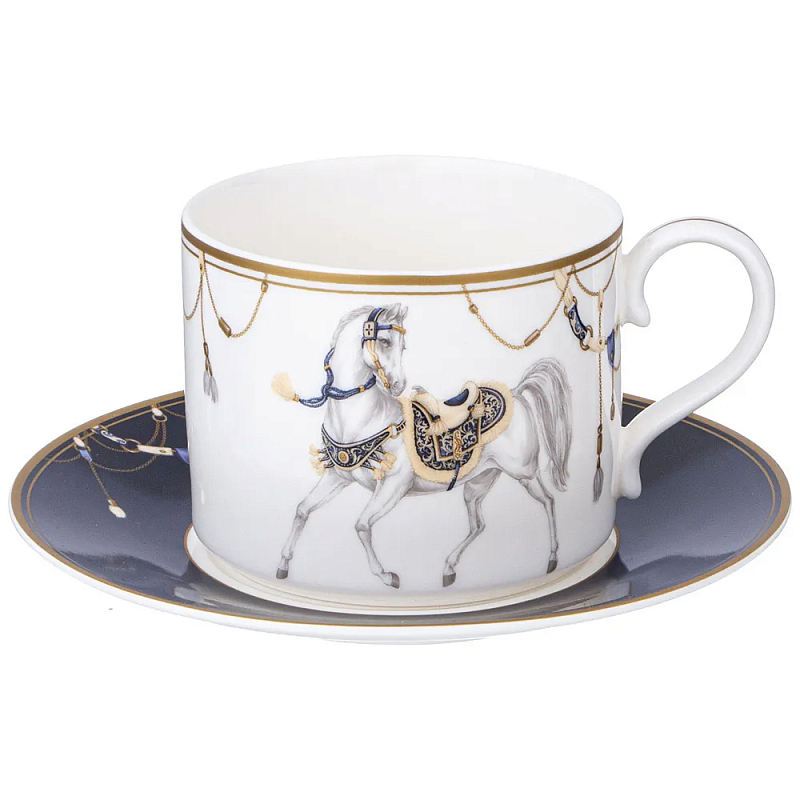 Чайная пара из фарфора с изображением лошади 300 мл Porcelain Horse Set 2 Белый Синий Золотой в Казани | Loft Concept 