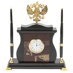 Часы настольные с Гербом России и 2-мя шариковыми ручками в комплекте Stone Clock варинант исполнения - 5 | Loft Concept в Казани