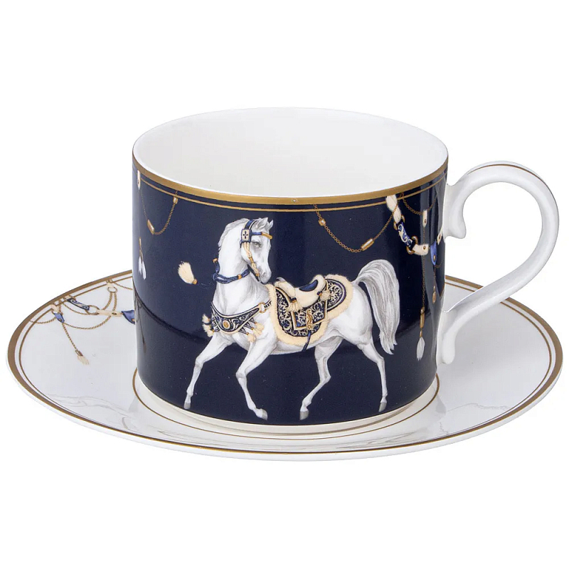 Чайная пара из фарфора с изображением лошади 300 мл Porcelain Horse Set  Белый Синий Золотой в Казани | Loft Concept 