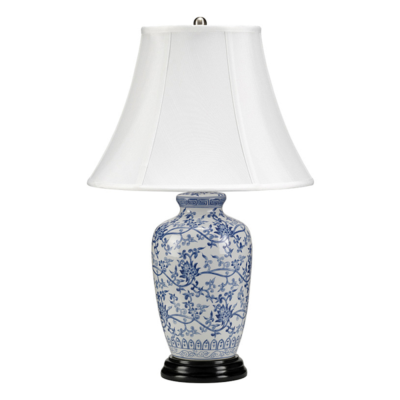 Настольная лампа с фарфоровым основанием с декоративным орнаментом и белым абажуром на темной круглой подставке Elstead Lighting Белый Синий Никель Черный Золотой Серебряный в Казани | Loft Concept 