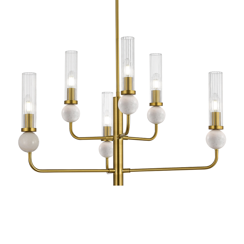 Люстра с 6-ю плафонами в форме стеклянных трубок и мраморных декоративных элементов Montreal Белый Латунь Прозрачный в Казани | Loft Concept 