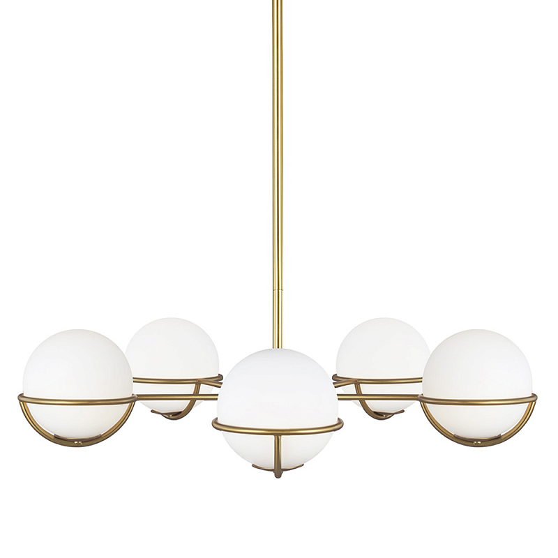 Люстра с 5-ю белыми шарообразными плафонами в сферические каркасах Feiss Латунь Белый в Казани | Loft Concept 